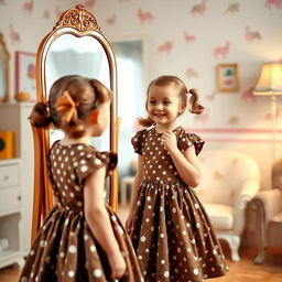 A young girl in the 1950s, wearing a brown dress adorned with white polka dots, admiring herself in a vintage mirror