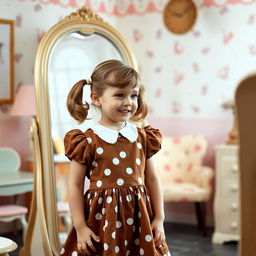 A young girl in the 1950s, wearing a brown dress adorned with white polka dots, admiring herself in a vintage mirror