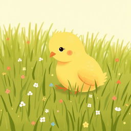 A cute little yellow chick sitting in a green farm meadow, displaying a curious expression as it explores its surroundings