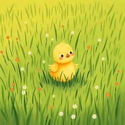 A cute little yellow chick sitting in a green farm meadow, displaying a curious expression as it explores its surroundings