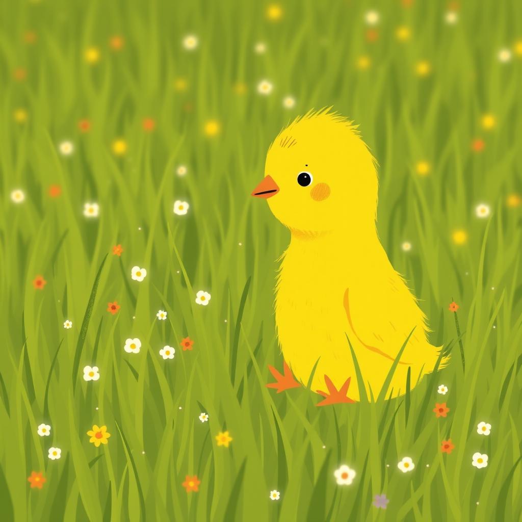 A cute little yellow chick sitting in a green farm meadow, displaying a curious expression as it explores its surroundings