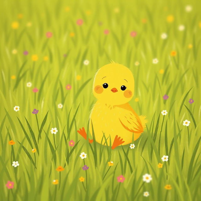 A cute little yellow chick sitting in a green farm meadow, displaying a curious expression as it explores its surroundings