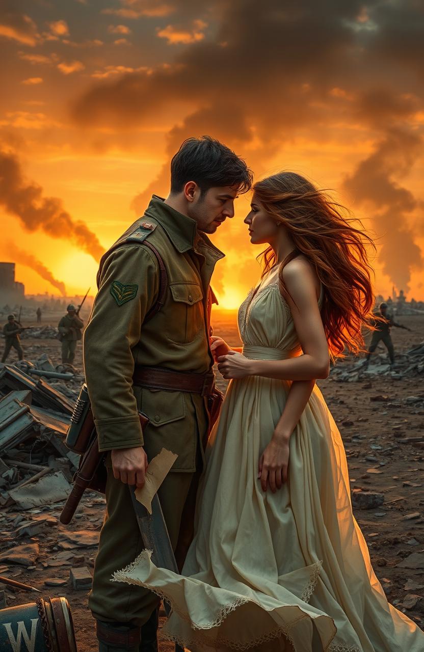 A captivating scene from a light romance novel set against a backdrop of war
