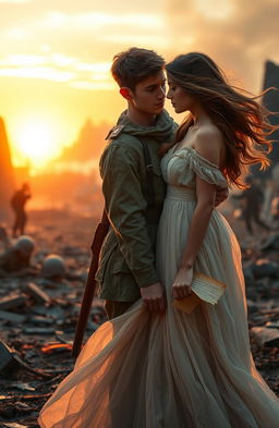 A captivating scene from a light romance novel set against a backdrop of war