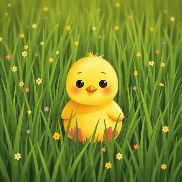 A cute little yellow chick sitting in a green farm meadow, looking very curious with big wide eyes