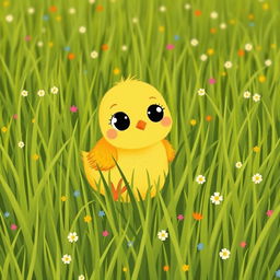 A cute little yellow chick sitting in a green farm meadow, looking very curious with big wide eyes