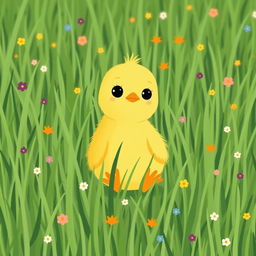 A cute little yellow chick sitting in a green farm meadow, looking very curious with big wide eyes