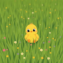 A cute little yellow chick sitting in a green farm meadow, looking very curious with big wide eyes