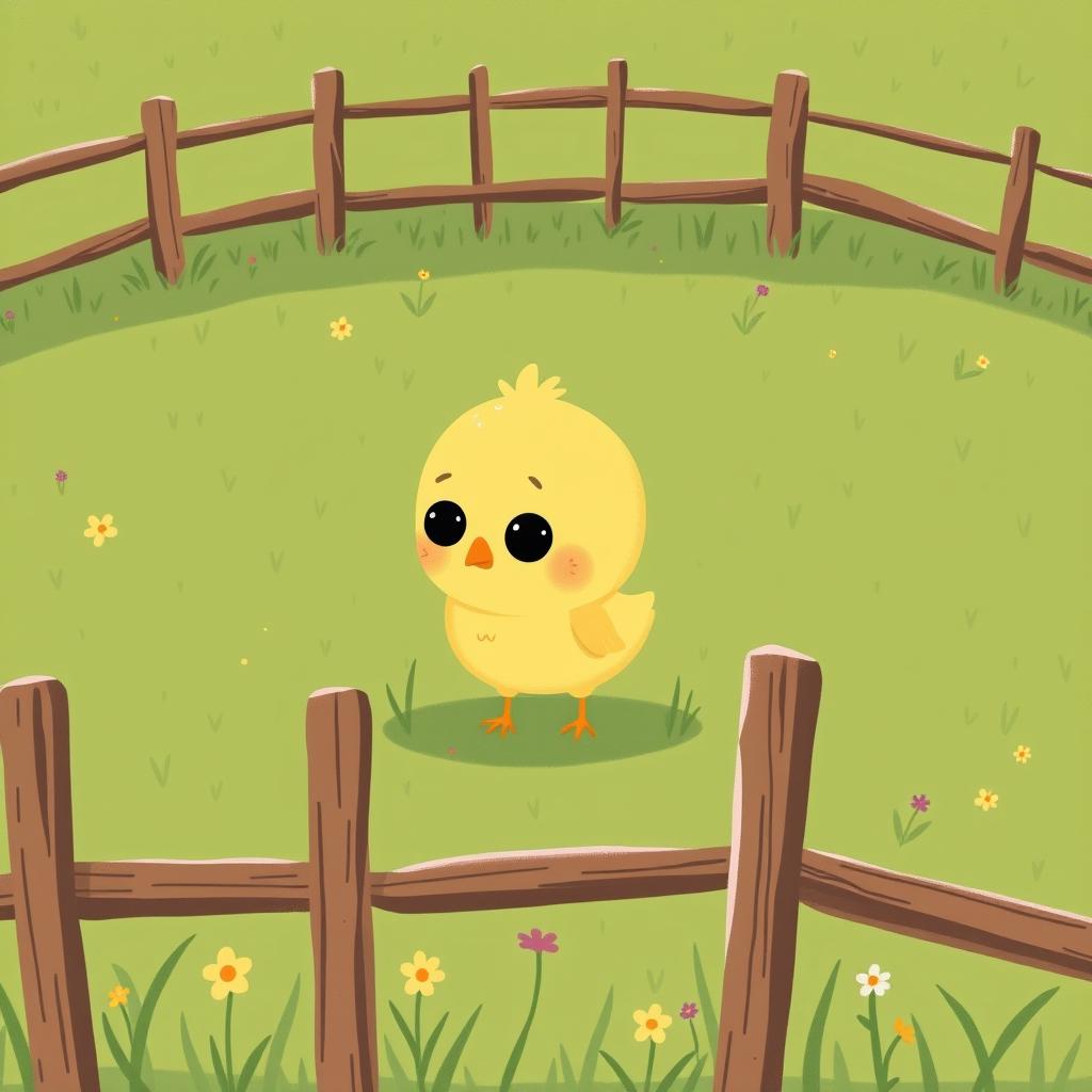 A cute little yellow chick in a green farm meadow, exhibiting a curious expression with big wide eyes