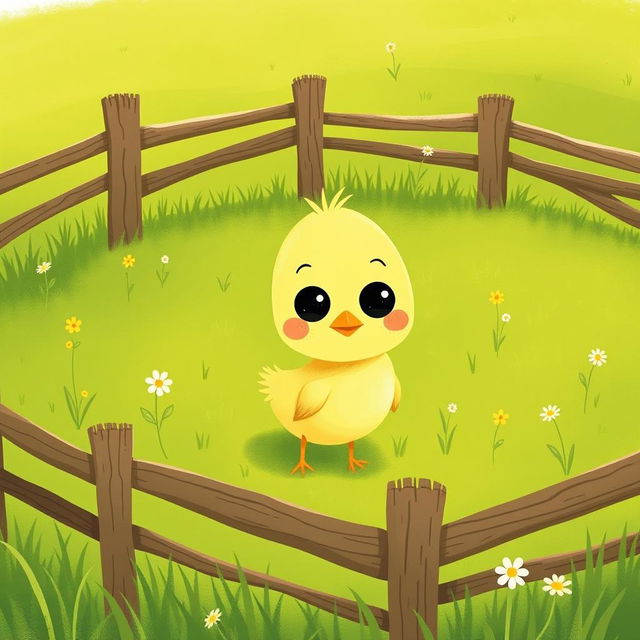 A cute little yellow chick in a green farm meadow, exhibiting a curious expression with big wide eyes