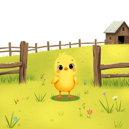 A cute little yellow chick in a green farm meadow, exhibiting a curious expression with big wide eyes
