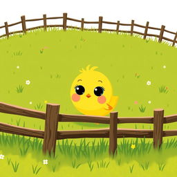 A cute little yellow chick in a green farm meadow, exhibiting a curious expression with big wide eyes