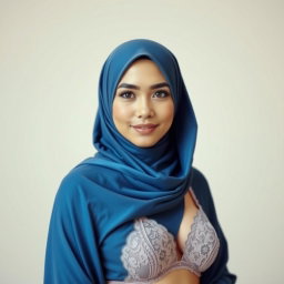 A graceful Malay woman wearing a stylish hijab, elegantly crafted from fine fabric, showcasing intricate lace detailing on a delicate bra underneath