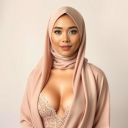 A graceful Malay woman wearing a stylish hijab, elegantly crafted from fine fabric, showcasing intricate lace detailing on a delicate bra underneath