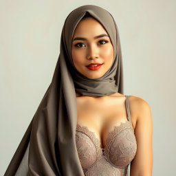 A graceful Malay woman wearing a stylish hijab, elegantly crafted from fine fabric, showcasing intricate lace detailing on a delicate bra underneath