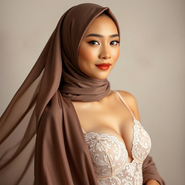 A graceful Malay woman wearing a stylish hijab, elegantly crafted from fine fabric, showcasing intricate lace detailing on a delicate bra underneath