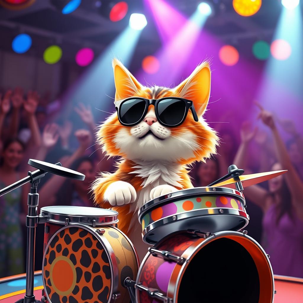 A cute and quirky drummer cat performing on stage, wearing stylish sunglasses, and surrounded by colorful stage lights
