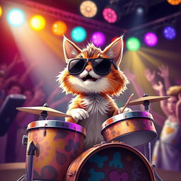 A cute and quirky drummer cat performing on stage, wearing stylish sunglasses, and surrounded by colorful stage lights