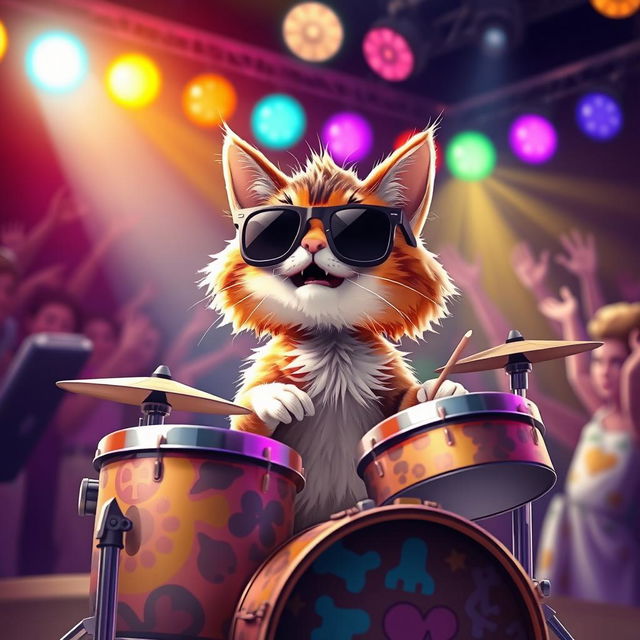 A cute and quirky drummer cat performing on stage, wearing stylish sunglasses, and surrounded by colorful stage lights