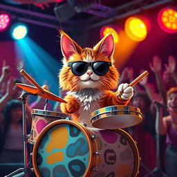 A cute and quirky drummer cat performing on stage, wearing stylish sunglasses, and surrounded by colorful stage lights