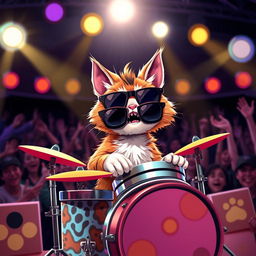 A cute and quirky drummer cat performing on stage, wearing stylish sunglasses, and surrounded by colorful stage lights