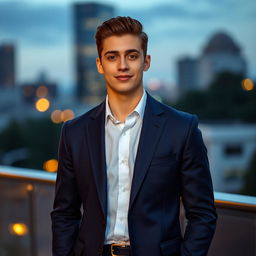 A 21-year-old man dressed in a tailored suit, featuring a stylish coat and matching pants