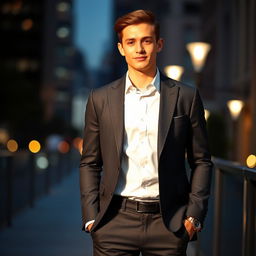A 21-year-old man dressed in a tailored suit, featuring a stylish coat and matching pants