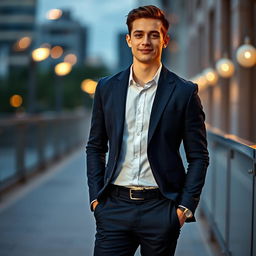 A 21-year-old man dressed in a tailored suit, featuring a stylish coat and matching pants