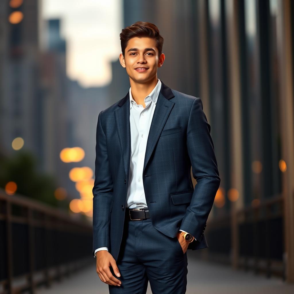 A 21-year-old man dressed in a tailored suit, featuring a stylish coat and matching pants