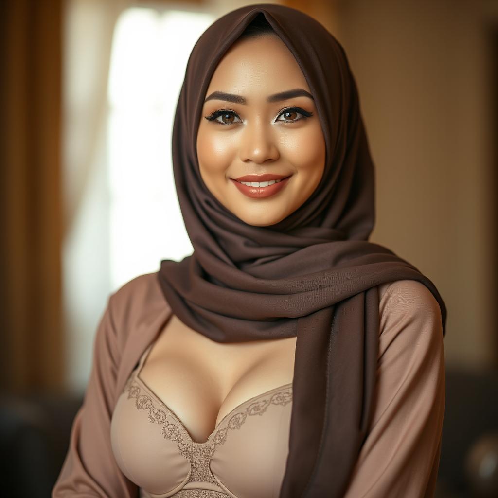 A captivating portrait of a Malay woman in an elegant hijab, radiating beauty and grace