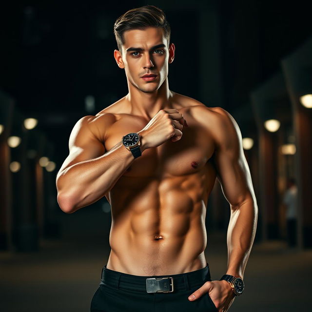 A sleek and confident male model standing in a dynamic pose, showcasing strong muscles and defined abs, wearing only an elegant high-end watch and standing against a stylish urban backdrop