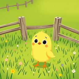 A cute little yellow chick in a green farm meadow, displaying a curious expression with big wide eyes