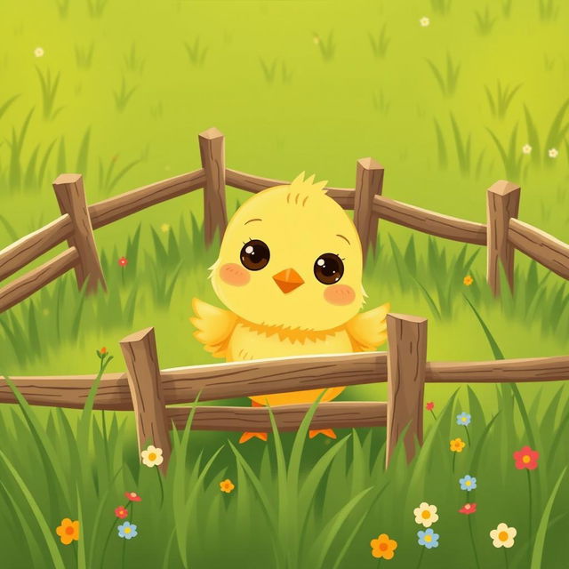 A cute little yellow chick in a green farm meadow, displaying a curious expression with big wide eyes