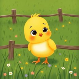 A cute little yellow chick in a green farm meadow, displaying a curious expression with big wide eyes