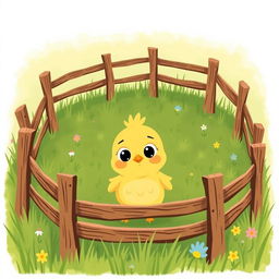 A cute little yellow chick in a green farm meadow, displaying a curious expression with big wide eyes