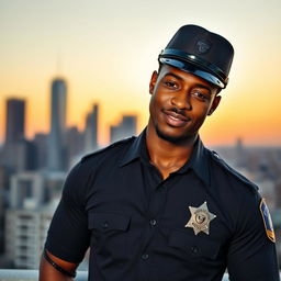 A confident and attractive black male police officer standing proudly in uniform, exuding charisma and charm