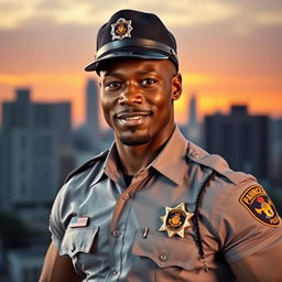 A confident and attractive black male police officer standing proudly in uniform, exuding charisma and charm