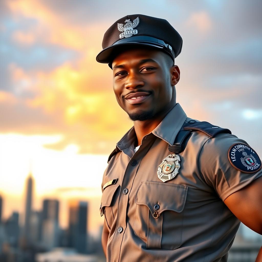 A confident and attractive black male police officer standing proudly in uniform, exuding charisma and charm