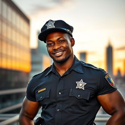 A confident and attractive black male police officer standing proudly in uniform, exuding charisma and charm