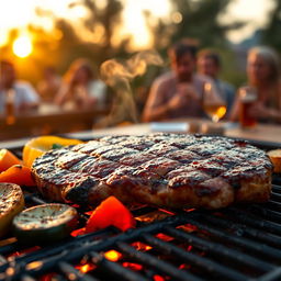 A captivating and mouth-watering visual representation of a delicious, juicy steak cooking on a grill, with sizzling sounds and aromatic steam rising in the air