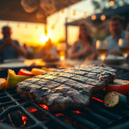 A captivating and mouth-watering visual representation of a delicious, juicy steak cooking on a grill, with sizzling sounds and aromatic steam rising in the air