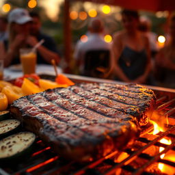 A captivating and mouth-watering visual representation of a delicious, juicy steak cooking on a grill, with sizzling sounds and aromatic steam rising in the air