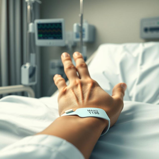 A realistic depiction of a human hand in a hospital setting, showcasing the hand resting on a hospital bed with a white sheet