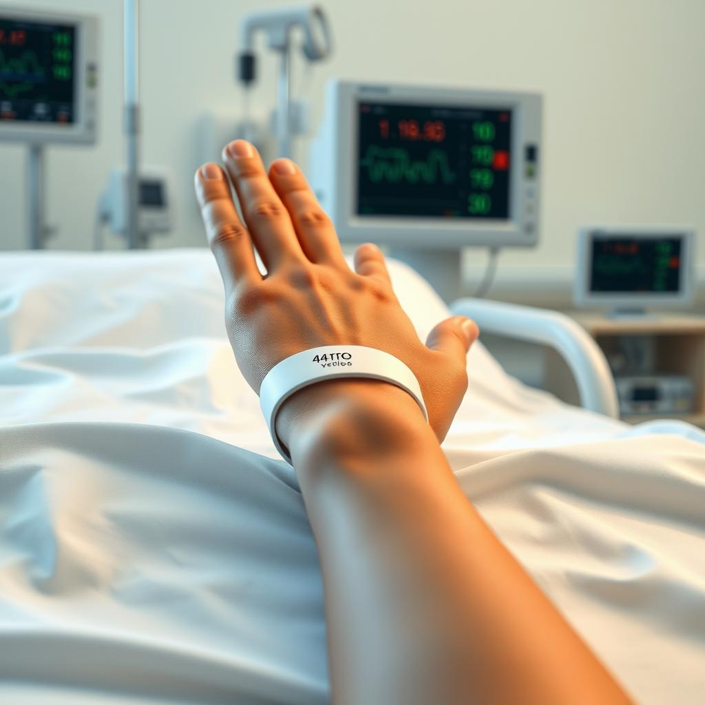 A realistic depiction of a human hand in a hospital setting, showcasing the hand resting on a hospital bed with a white sheet