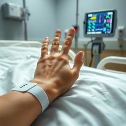 A realistic depiction of a human hand in a hospital setting, showcasing the hand resting on a hospital bed with a white sheet