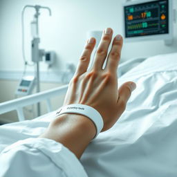 A realistic depiction of a human hand in a hospital setting, showcasing the hand resting on a hospital bed with a white sheet