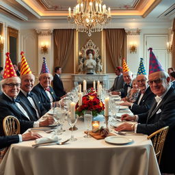 A whimsical scene depicting a group of very polite elderly individuals seated at a lavish formal dinner table