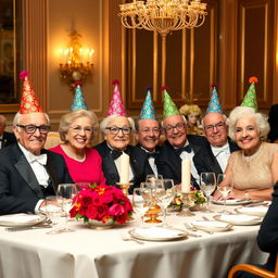A whimsical scene depicting a group of very polite elderly individuals seated at a lavish formal dinner table