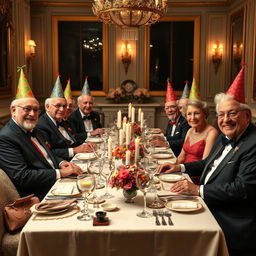 A whimsical scene depicting a group of very polite elderly individuals seated at a lavish formal dinner table