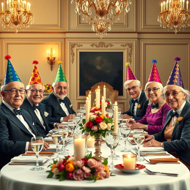 A whimsical scene depicting a group of very polite elderly individuals seated at a lavish formal dinner table